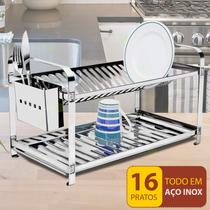 Escorredor De Louça Aço Inox Cozinha Grande 16 Pratos C/ Porta Talheres em Inox Luxo