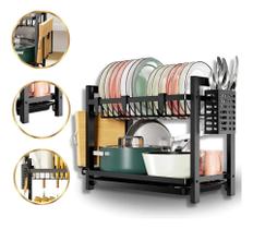 Escorredor de Louça Completo Aço Carbono Organizador Escorredor de Pratos Inox, Suporte para Talheres, Copos, Tábuas, Facas Bandeja Coletora dagua