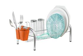 Escorredor de Louça Cromado 12 Pratos 05 Copos Porta Talher Plástico Laranja Cozinha Secador
