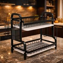 Escorredor De Louca De Aço Inox 2 Andares 2 Bandejas Coletoras Cor Preto Para 17 Pratos