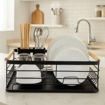 Escorredor De Louça De Pia Com Bandeja E Alça De Bambu Preto