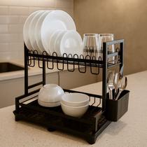 Escorredor De Louça Inox Porta Talheres Prato Copos 2 Andar Preto