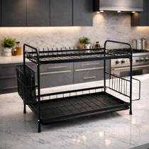 Escorredor de Louça Para Pia Preto 2Andares Em Aço Inox Para 15 Pratos Copos Tábuas E Porta Talheres