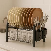 Escorredor de Louça Pia Cozinha 12 Pratos Talheres e Copos Preto 2 Andares