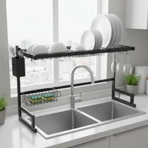 Escorredor De Louça Pratos de pia Cozinha Organizador Suspenso Resistente 2 andar Cor Preto Autossustentável Suporte Pratos talheres copos ITS Imports