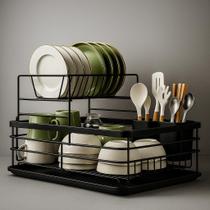 Escorredor de Louça Preto Fosco 2 Andares com Bandeja Coletora e Porta Talheres Grande Capacidade e Design Moderno WESTING by BSMIX
