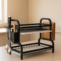 Escorredor de Louça Preto Fosco 2 Andares com Bandeja Coletora e Porta Talheres Premium, Moderno e Resistente WESTING by BSMIX Escorredor de Louça Preto Fosco 2 Andares com Bandeja Coletora e Porta Talheres Premium, Moderno e Resistente WESTING by BSMIX