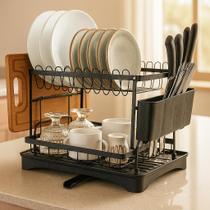 Escorredor de Louça Preto Fosco 2 Andares com Dreno 360, Bandeja Coletora e Porta Talheres Sofisticado, Moderno e Versátil WESTING by BSMIX