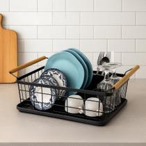 Escorredor de Louça Preto Fosco com Alças de Madeira, Bandeja Coletora e Porta Talheres Compacto, Elegante e Resistente WESTING by BSMIX