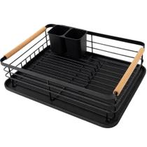 Escorredor de Louça Preto Fosco com Alças de Madeira Bandeja Coletora e PortaTalheres WESTING by BSMIX