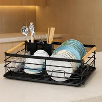 Escorredor de Louça Preto Fosco com Alças de Madeira Compacto Bandeja Coletora e PortaTalheres WESTING by BSMIX