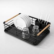 Escorredor de Louça Preto Fosco com Alças de Madeira Design Elegante e Organização Inteligente WESTING by BSMIX Escorredor de Louça Preto Fosco com Alças de Madeira Design Elegante e Organização Inteligente WESTING by BSMIX