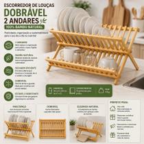 Escorredor De Louças 2 Andares Bambu Dobrável Porta Pratos E Copos Cozinha Limpeza Casa