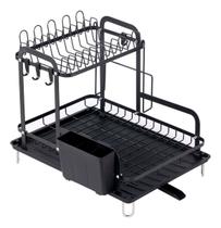 Escorredor de Louças 2 Andares Preto com Suporte para Talheres, Copos e Tábua - Aço e Plástico com Bandeja