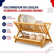 Escorredor De Louças Dobrável 2 Andares Bambu Porta Pratos