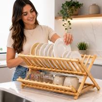Escorredor de Louças Dobrável 2 Andares Bambu Secar Organizar Pratos Copos Talheres Bancada Cozinha Design Dobrável Casa