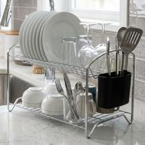 Escorredor de louças dois andares grande de inox com porta talher de cozinha para prato copo louça talheres future prata