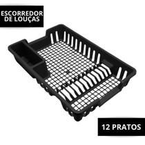 Escorredor de Louças Plástico 12 Pratos Porta Talheres Preto Loucas Plastico Copo Talher Pratos