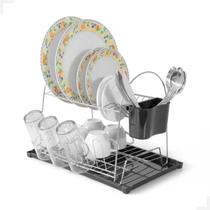 Escorredor de pratos e copos duplo cromado com base e porta talheres em plástico