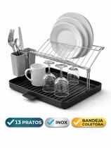 Escorredor de Pratos Inox e Plástico com Porta Talheres e Bandeja Escorredor de Louça