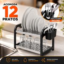 Escorredor Louça Alto 12 Pratos Preto Aço Inox Porta talher Escorredor Louça Alto 12 Pratos Preto Aço Inox Porta talher