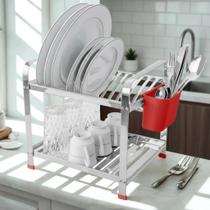 Escorredor Louça Inox 12 Pratos Montado Vermelho com Porta Talher Organizador Pia