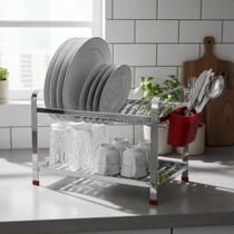 Escorredor Louça Inox 16 Pratos Montado Vermelho com Porta Talher Organizador Pia