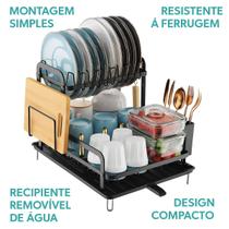 Escorredor Louça Preto Grande Duplo Metal Bandeja Tira Agua Pratos Copos Talheres 2 Andares