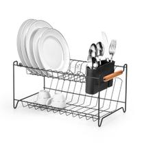 Escorredor Louças Pratos Duplo Pia Alça Bambu Metal Preto Escorredor Louças Pratos Duplo Pia Alça Bambu Metal Preto
