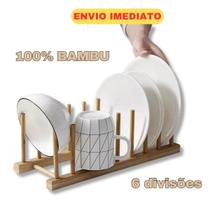Escorredor Porta Pratos Louca E Copos Suporte Bambu Ecologica Madeira de Mesa 6 Divisões