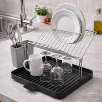 Escorredor Pratos Aço Inox Secador Louças Bancada Com Porta Talheres Removível E Bandeja Coletora ABS Organizador Cozinha Compacta Pia Moderna Resiste Escorredor Pratos Aço Inox Secador Louças Bancada Com Porta Talheres Removível E Bandeja Coletora ABS Organizador Cozinha Compacta Pia Moderna Resiste