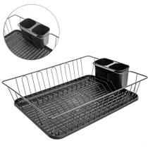 Escorredor secador de pratos / copos aramado com bandeja + porta talher de plastico 44x34,5x10cm