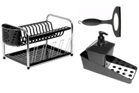 Escorredor Secador Duplo Com Porta Copo E Talheres Preto + Porta Detergente e Esponja + Rodo De Pia