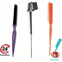 Escova Cabelo 3 Fileiras, Pente Escovinha Baby Hair 3 em 1 Ponta Aço Fina, Pente 3 Fileiras Fitagem