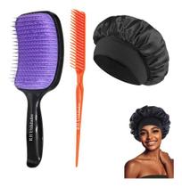 Escova Cabelo Raquete, Côncava Quadrada + Pente 3 Fileiras Fitagem + Touca Cetim Faixa Anti Frizz Escova Cabelo Raquete, Côncava Quadrada + Pente 3 Fileiras Fitagem + Touca Cetim Faixa Anti Frizz