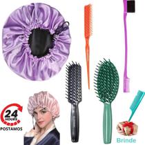Escova Cabelo Raquete Vazada, Pente 3 fileiras fitagem, Escovinha Baby Hair, Touca Cetim Ajustável