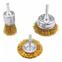 Escova Circular De Aço Kit 3 Peças Com Haste Para Furadeira - Gadan