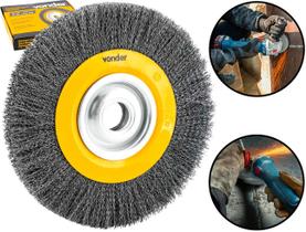 Escova Circular Para Moto Esmeril Cerda Ondulada Aço Carbono 10 Polegadas + Buchas De Redução Vonder