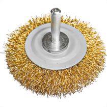 Escova De Aco Circular Mil Kits Aco Latonado Para Furadeira 3'' X1/2'' Com Haste - M29 Escova De Aco Circular Mil Kits Aco Latonado Para Furadeira 3'' X1/2'' Com Haste - M29