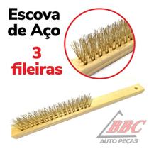 Escova De Aço Manual 3 Fileiras Cabo De Madeira