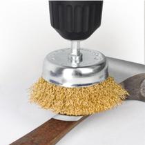 Escova de aço tipo copo com haste 1/4 ondulada 4pol rayco