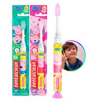 Escova de Dente com Luz Led Peppa Pig Infantil Timer Rosa Verde com Ventosa Dentalclean