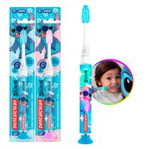 Escova de Dente com Luz Led Stitch Infantil Timer Azul Rosa com Ventosa Dentalclean