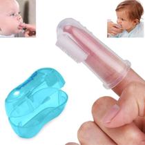 Escova De Dente Massageadora De Dedo Bebê Silicone C/ Estojo Azul