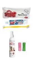 Escova de dente para cachorro com dedeira creme e spray bucal com estojo
