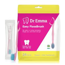Escova de dentes descartável Dr. Emma Mini Brush com fio dental, pacote com 24