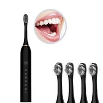 Escova de Dentes Elétrica Com 4 Refis e 6 Modos de Limpeza Recarregável USB Cerdas Macias