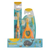 Escova de Dentes Mordedor Escova Infantil Ocean Kids Brinde Gel Dental Kit Higiene Bucal Escova de Dentes Mordedor Escova Infantil Ocean Kids Brinde Gel Dental Kit Higiene Bucal