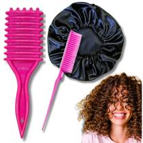 Escova De Fitagem Pra Cachos, Pente 3 Fileiras e Touca de Cetim Anti Frizz Para Dormir