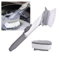 Escova de limpeza automatica 4 em 1 com dispenser detergente multifuncional raspa esponja pia banheiro churrasqueira